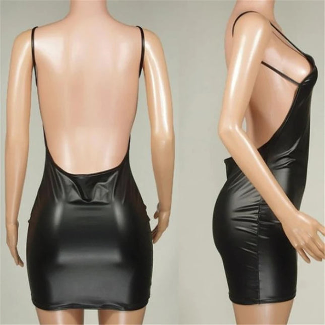 Black leather dress on a mannequin with a plain background