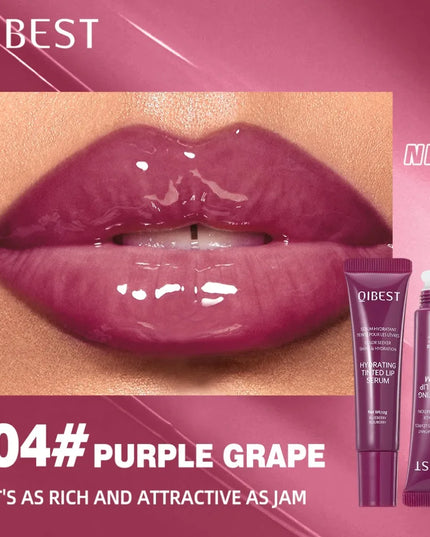 Lip gloss with QIBEST branding and purple grape color on a pink background