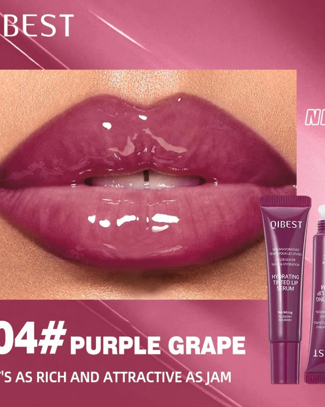 Lip gloss with QIBEST branding and purple grape color on a pink background