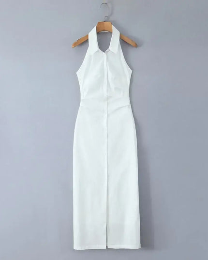 Single breasted white cotton linen summer dress for women with turn down collar and halter design.