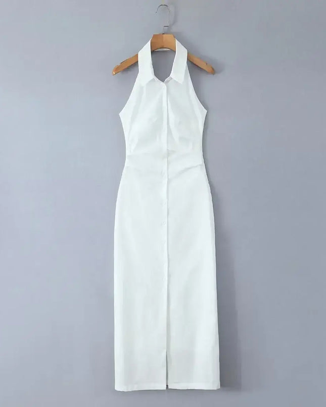 Single breasted white cotton linen summer dress for women with turn down collar and halter design.