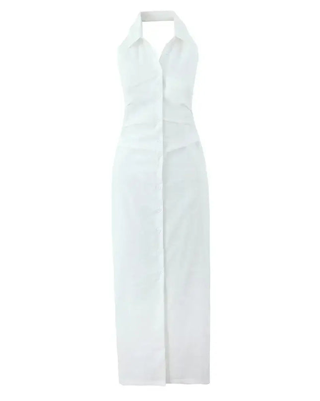 Single breasted white cotton linen summer dress with turn down collar and backless halter design.