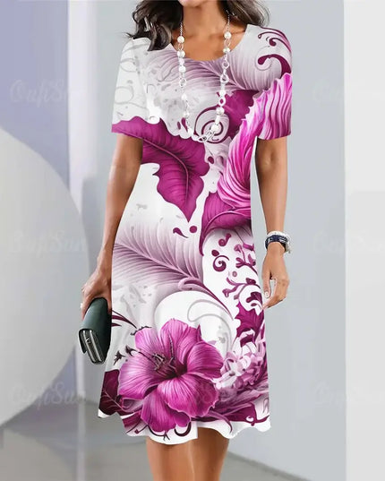 Summer women's dresses 3d floral print featuring elegant purple flowers on a short sleeve A-line dress.
