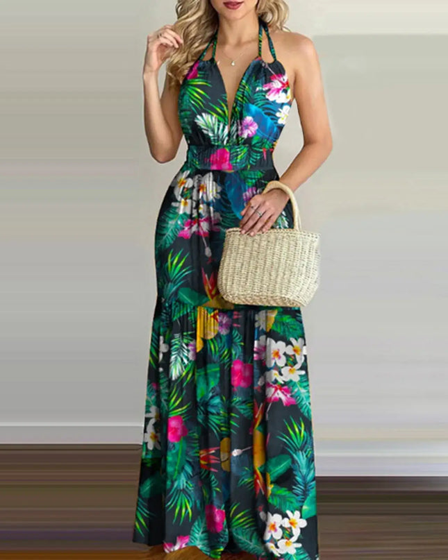 Women Tropical Print Halter Backless Maxi Dress Sexy Sleeveless Deeep V Beach Dress