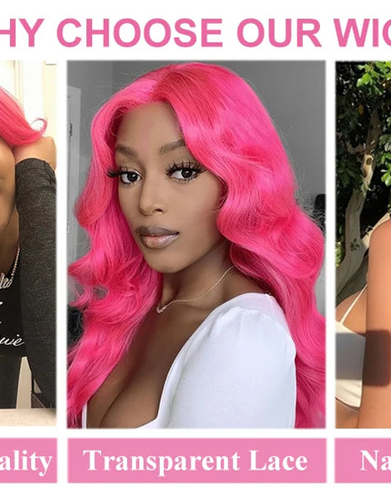Three women with pink wigs, each highlighting different wig features.