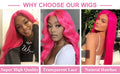 Three women with pink wigs, each highlighting different wig features.