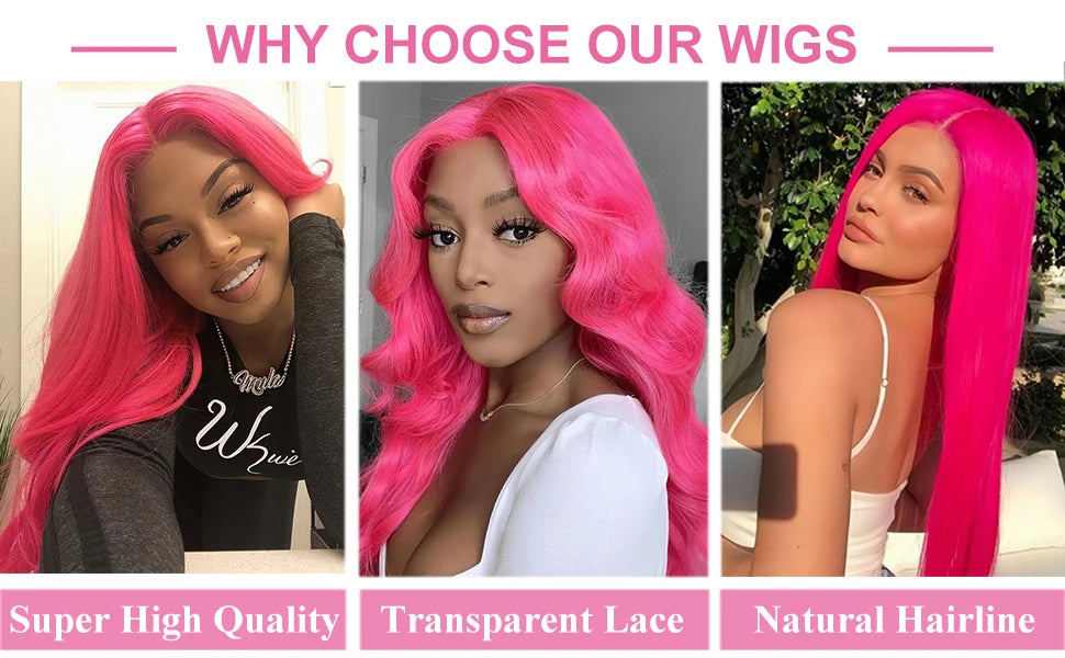 Three women with pink wigs, each highlighting different wig features.