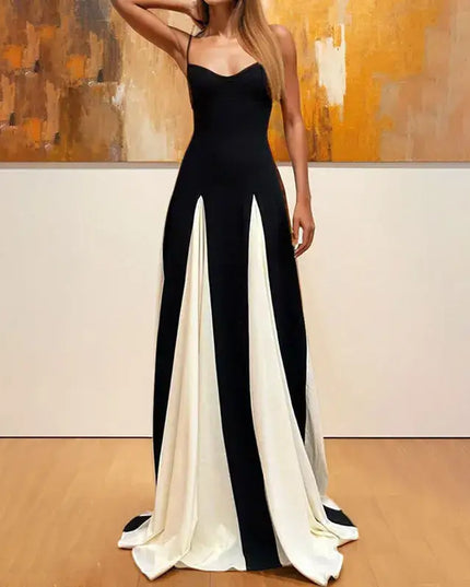 Fashion Sling Color Contrast Evening Party Dress with V-neck and off-shoulder design, sleeveless maxi style.