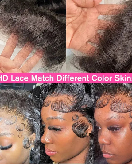 Collage of hair extensions with text 'HD Lace Match Different Color Skins' on a white background.