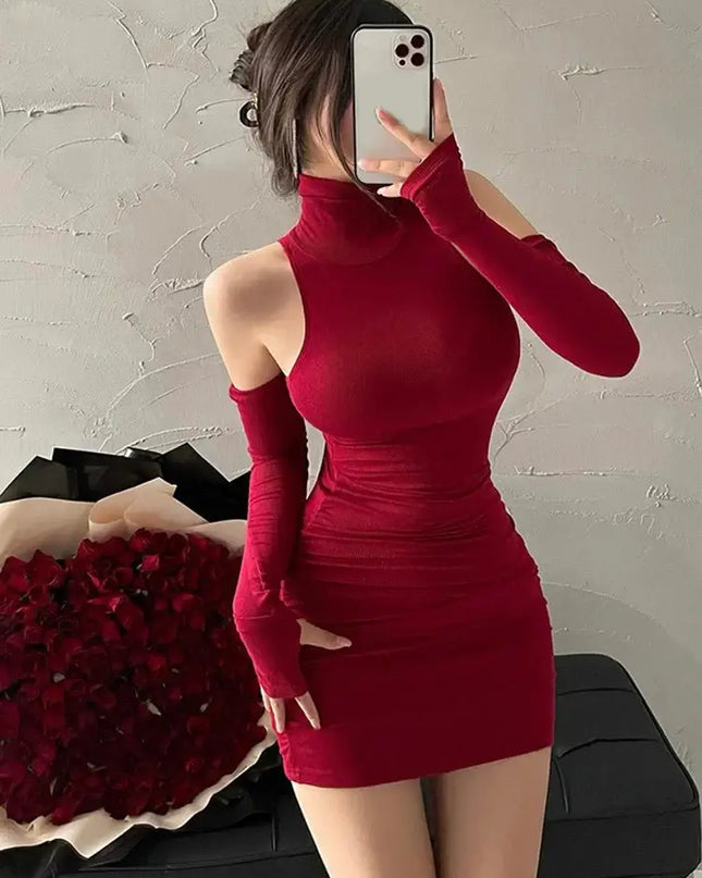 Summer High Neck Bodycon Dress | Oversleeve Tight Fit Wrapped Hip Dres