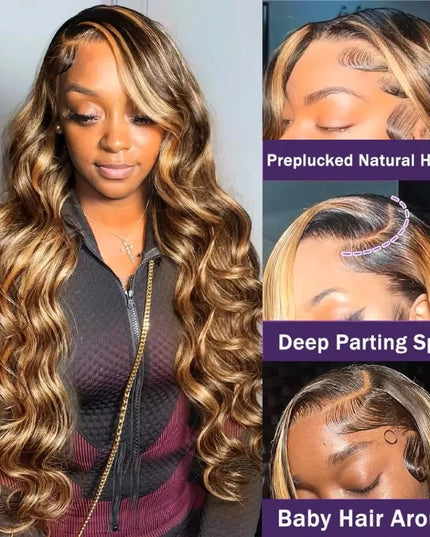Woman with long wavy hair and close-up details of a wig labeled 'Preplucked Natural Hairline', 'Deep Parting Space', and 'Baby Hair Around'.
