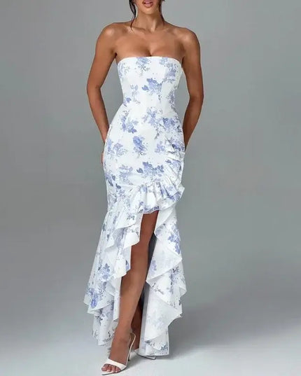 Sexy strapless summer dress with floral design and ruffled hem, perfect for spring and summer occasions.