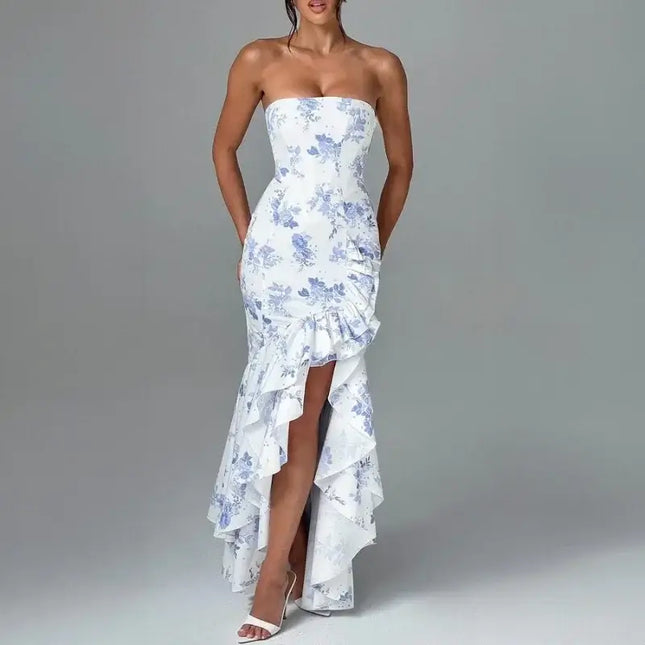 Sexy strapless summer dress with floral design and ruffled hem, perfect for spring and summer occasions.