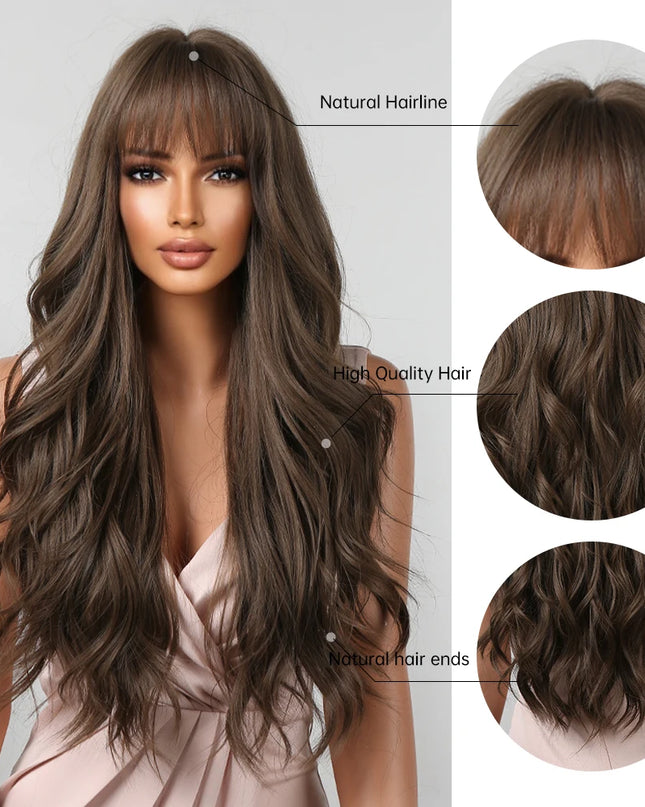 Brown Wavy Wigs for Women with Bangs Long Natural Synthetic Hair Wig Daily Cosplay Heat Resistant