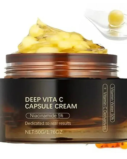 Deep Vitamin C Glow Capsules in jar, featuring yellow capsules, niacinamide, and Sea Buckthorn Extract for hydration and brightening.