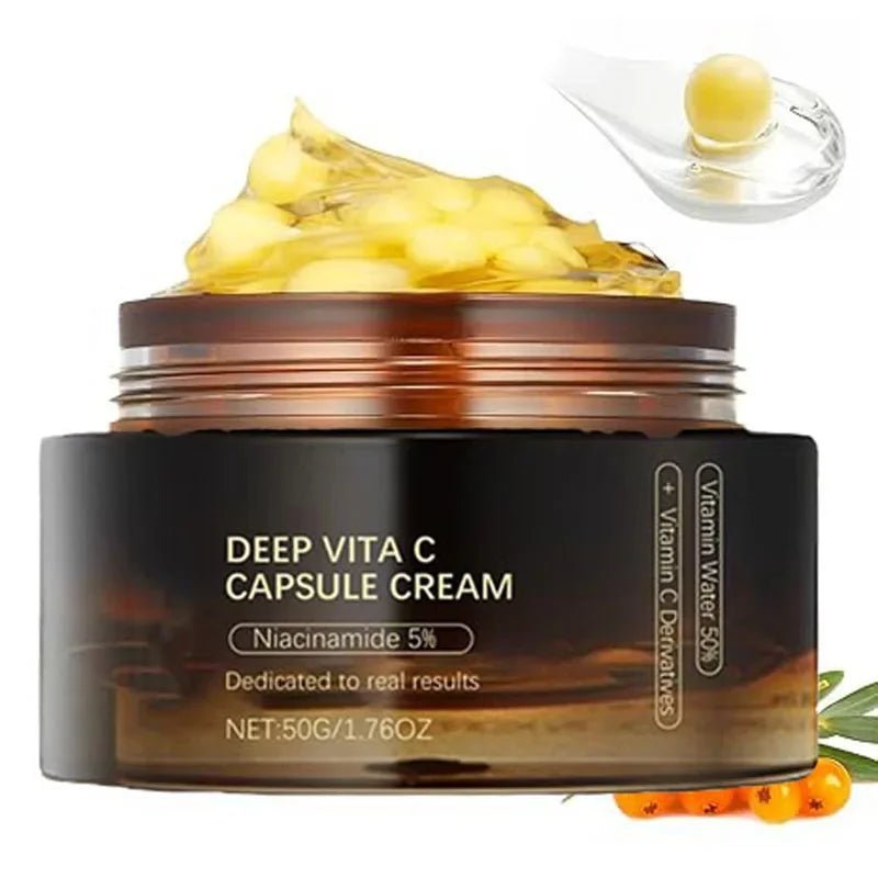 Deep Vitamin C Glow Capsules in jar, featuring yellow capsules, niacinamide, and Sea Buckthorn Extract for hydration and brightening.