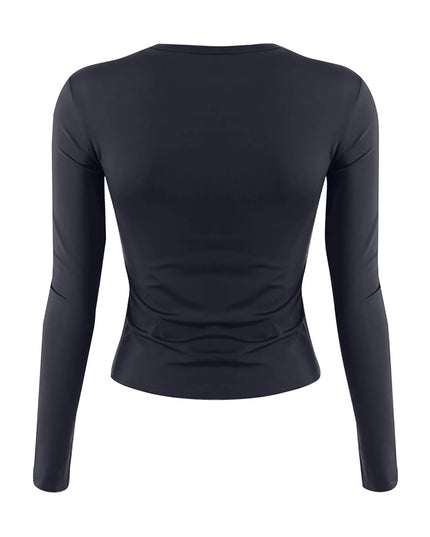 Back view of Women's Long Sleeve O-Neck Crop Top – Slim Basic Tee, showcasing sleek design and fitted silhouette.
