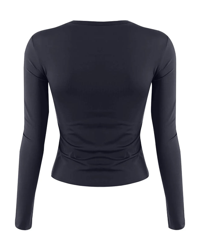 Back view of Women's Long Sleeve O-Neck Crop Top – Slim Basic Tee, showcasing sleek design and fitted silhouette.