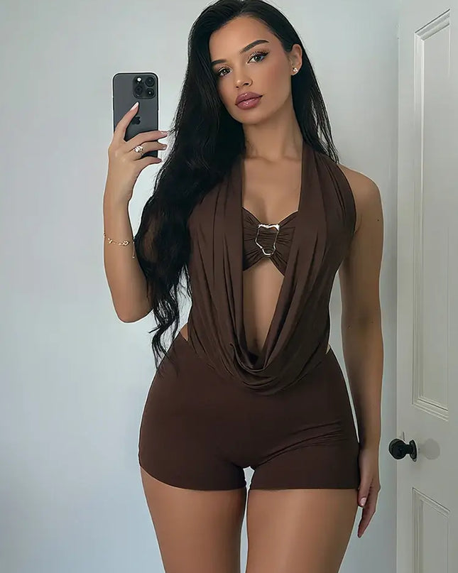 Sexy Metal Ring 2-Piece Set – Irregular Tube Top & Backless Halter Playsuit