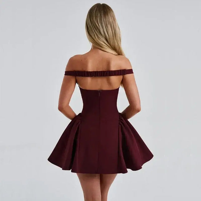 Elegant off shoulder mini dress party in burgundy, showcasing a draped design and flared skirt from the back.