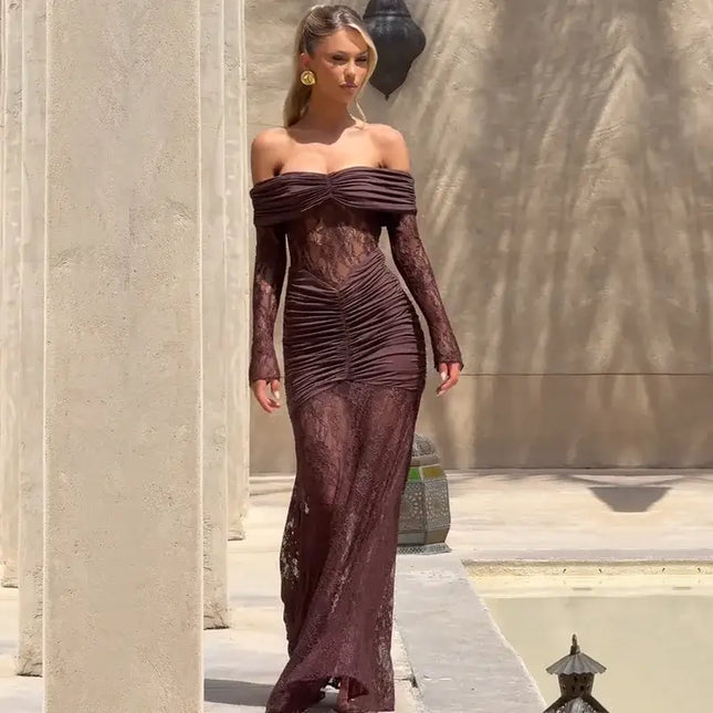 Off-Shoulder Lace Mesh Mermaid Maxi Dress