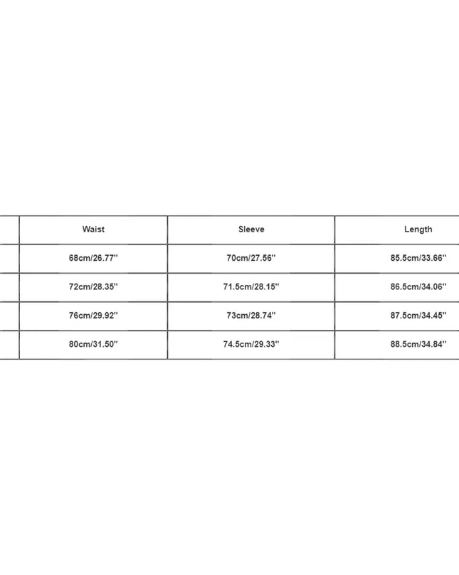 Measurement chart for clothing sizes S, M, L, XL with waist, sleeve, and length dimensions.