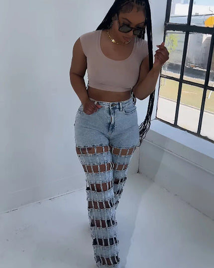 High Waist Hollow Out Denim Pants - Chic & Trendy Style