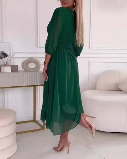 Sexy V Neck Solid Chiffon Long Dress Women Spring Elegant High-waisted Slim Party Dress Autumn 3/4 Sleeve A-Line Bohemian Dress