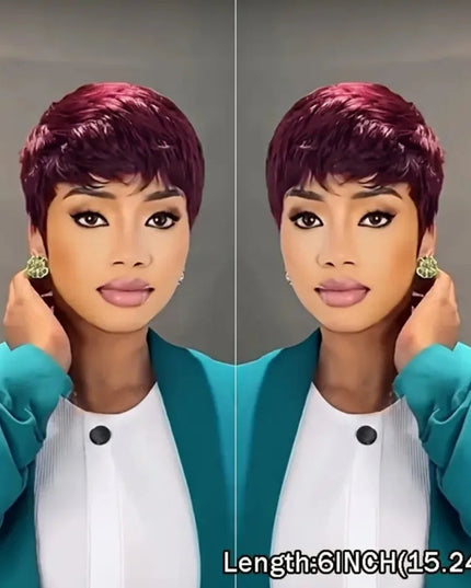 Side-by-side comparison of a woman with short purple hair, wearing a teal jacket and white top.