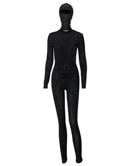 Black full-body suit with a hood on a white background
