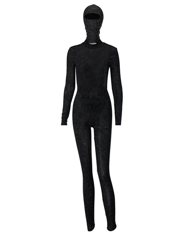 Black full-body suit with a hood on a white background