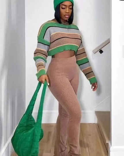 Women 2 Piece Set Long Sleeve Striped Sweater and Sweat Pants Suits 2024 Winter Fitness Active Two Piece Lounge Sets Tracksuit