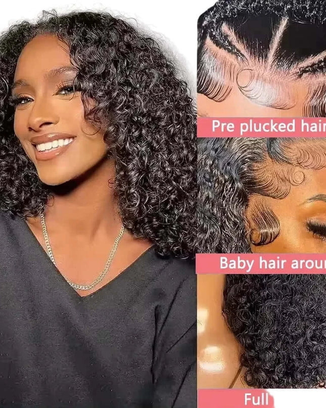 Woman with styled hair and close-up details of a wig labeled 'Pre plucked hairline' and 'Full hair end'.