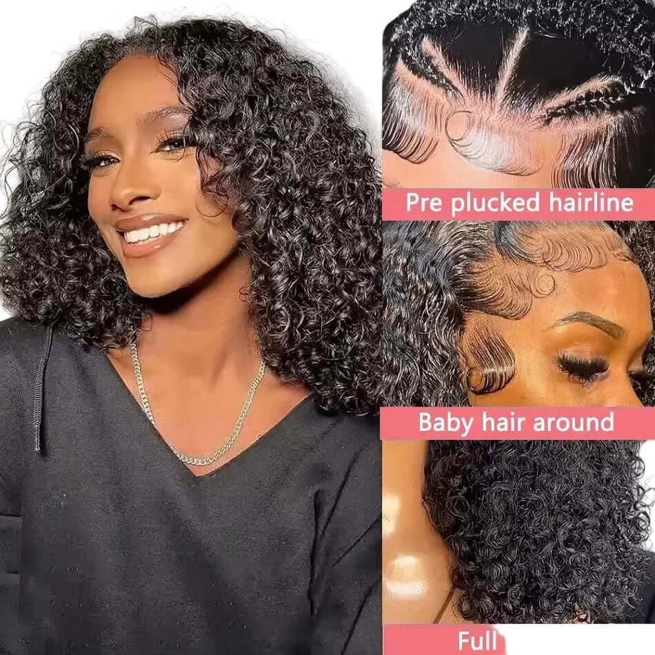 Woman with styled hair and close-up details of a wig labeled 'Pre plucked hairline' and 'Full hair end'.