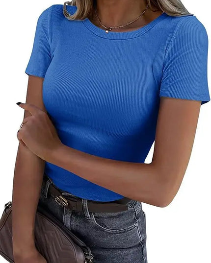European and American new women's long sleeved elastic round neck ribbed T-shirt slim fit casual basic top
