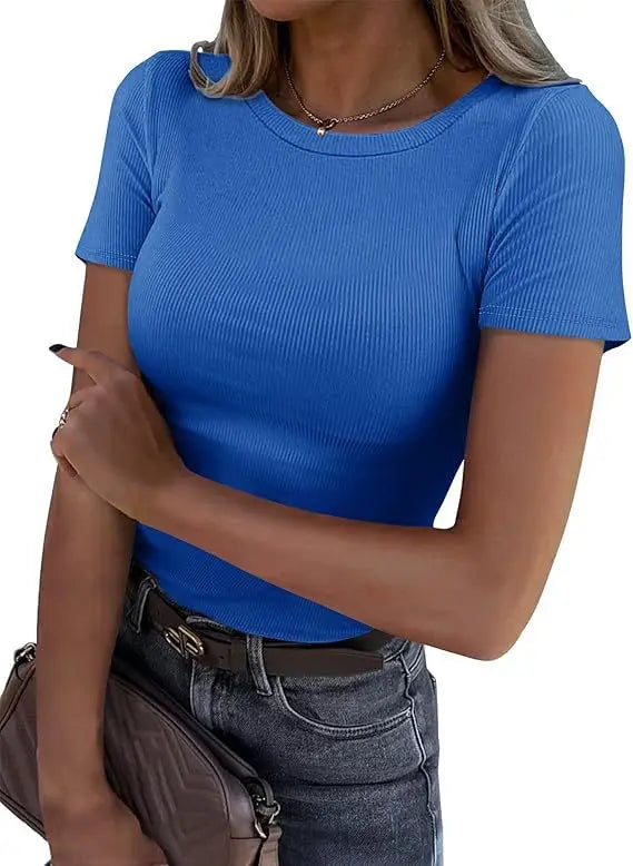 European and American new women's long sleeved elastic round neck ribbed T-shirt slim fit casual basic top