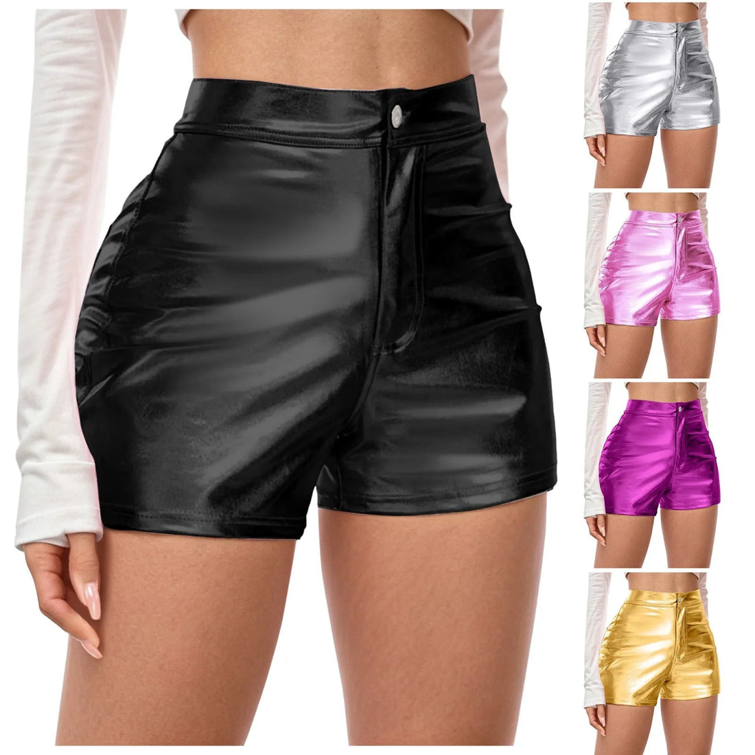 Pink metallic shorts worn by a person on a white background
