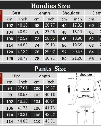 Size chart for hoodies and pants with measurements in centimeters and inches.