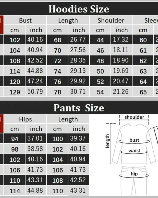 Size chart for hoodies and pants with measurements in centimeters and inches.