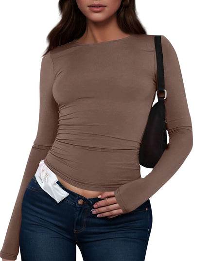 Women’s Long Sleeve O-Neck Crop Top – Slim Basic Tee in brown, paired with jeans and a black bag.