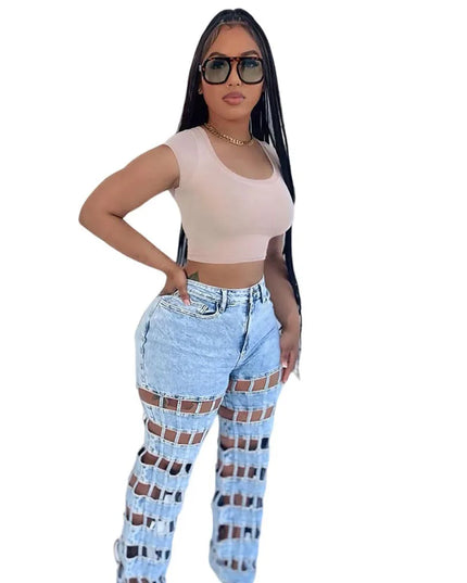High Waist Hollow Out Denim Pants - Chic & Trendy Style