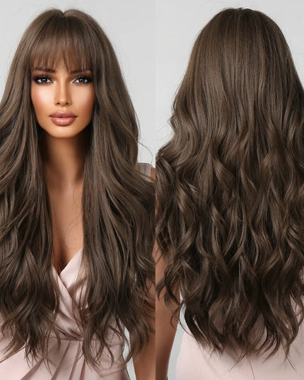 Brown Wavy Wigs for Women with Bangs Long Natural Synthetic Hair Wig Daily Cosplay Heat Resistant