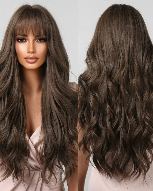 Brown Wavy Wigs for Women with Bangs Long Natural Synthetic Hair Wig Daily Cosplay Heat Resistant