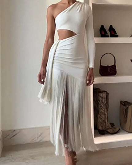 Women’s One-Shoulder Hollow Out Tassel Bodycon Maxi Dress