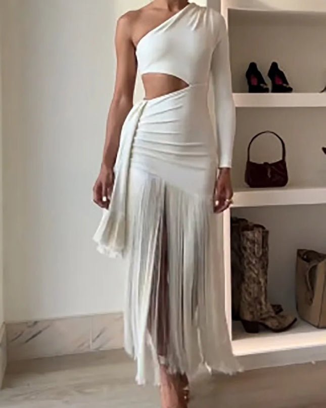 Women’s One-Shoulder Hollow Out Tassel Bodycon Maxi Dress