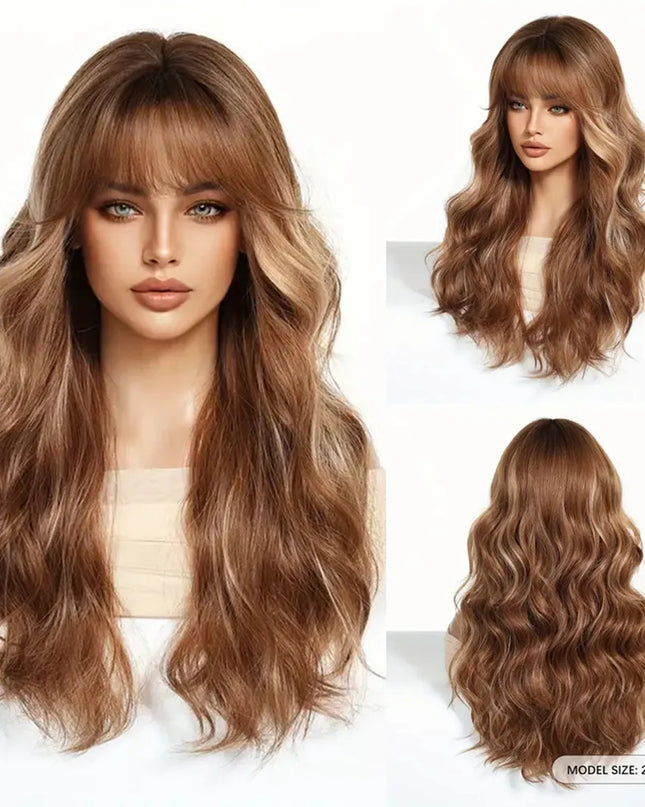 Brown Wavy Wigs for Women with Bangs Long Natural Synthetic Hair Wig Daily Cosplay Heat Resistant