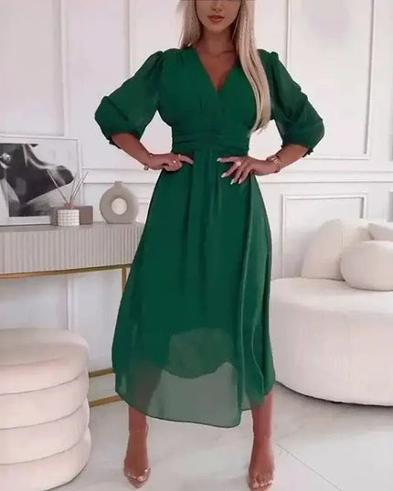 Sexy V Neck Solid Chiffon Long Dress Women Spring Elegant High-waisted Slim Party Dress Autumn 3/4 Sleeve A-Line Bohemian Dress