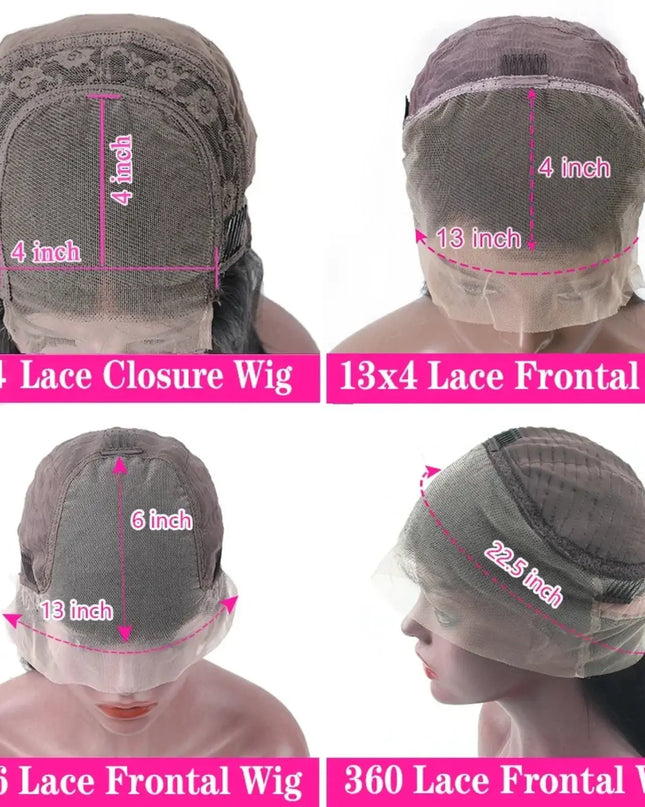Comparison of different lace wig closures on mannequin heads with measurements.