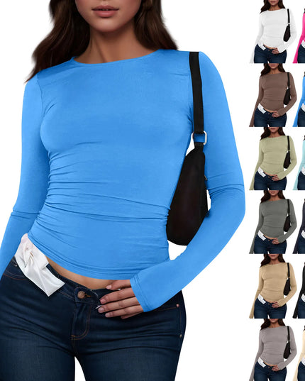 Women’s Long Sleeve O-Neck Crop Top in blue, featuring a slim fit design, perfect for versatile outfits.