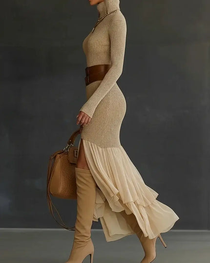 Turtleneck Bodycon Dress for Women Long Sleeve Knitted Maxi Dress Elegant Asymmetrical Ruffle Hem Evening Party Midi Dresses